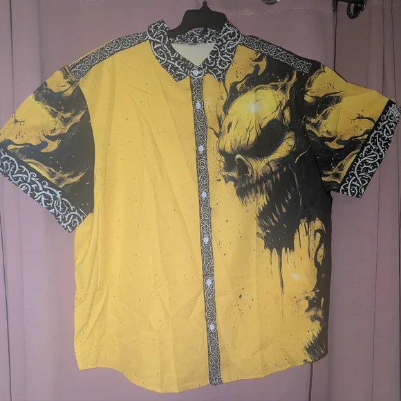 Bold Yellow Graphic Button Down Shirt Fits Like XL - Picture 2 of 10